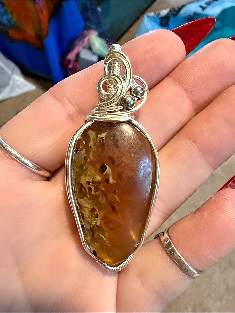 Brown & Yellow amber Stone Wire-Wrapped Pendant